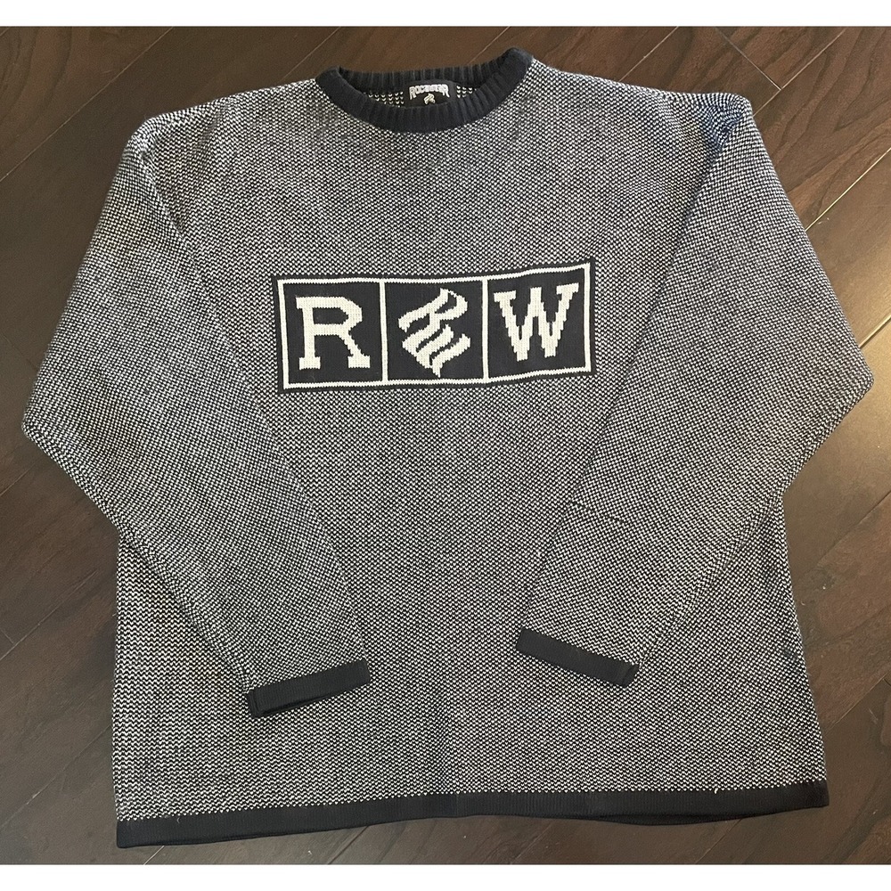 Vintage Rocawear Sweater XL Black White R&W Graphic Knit Streetwear Crew Neck